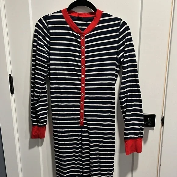 J Crew Unionsuit Onesie Pajamas Navy Stripe Red Jersey Cotton Loungewear EUC - Picture 4 of 10